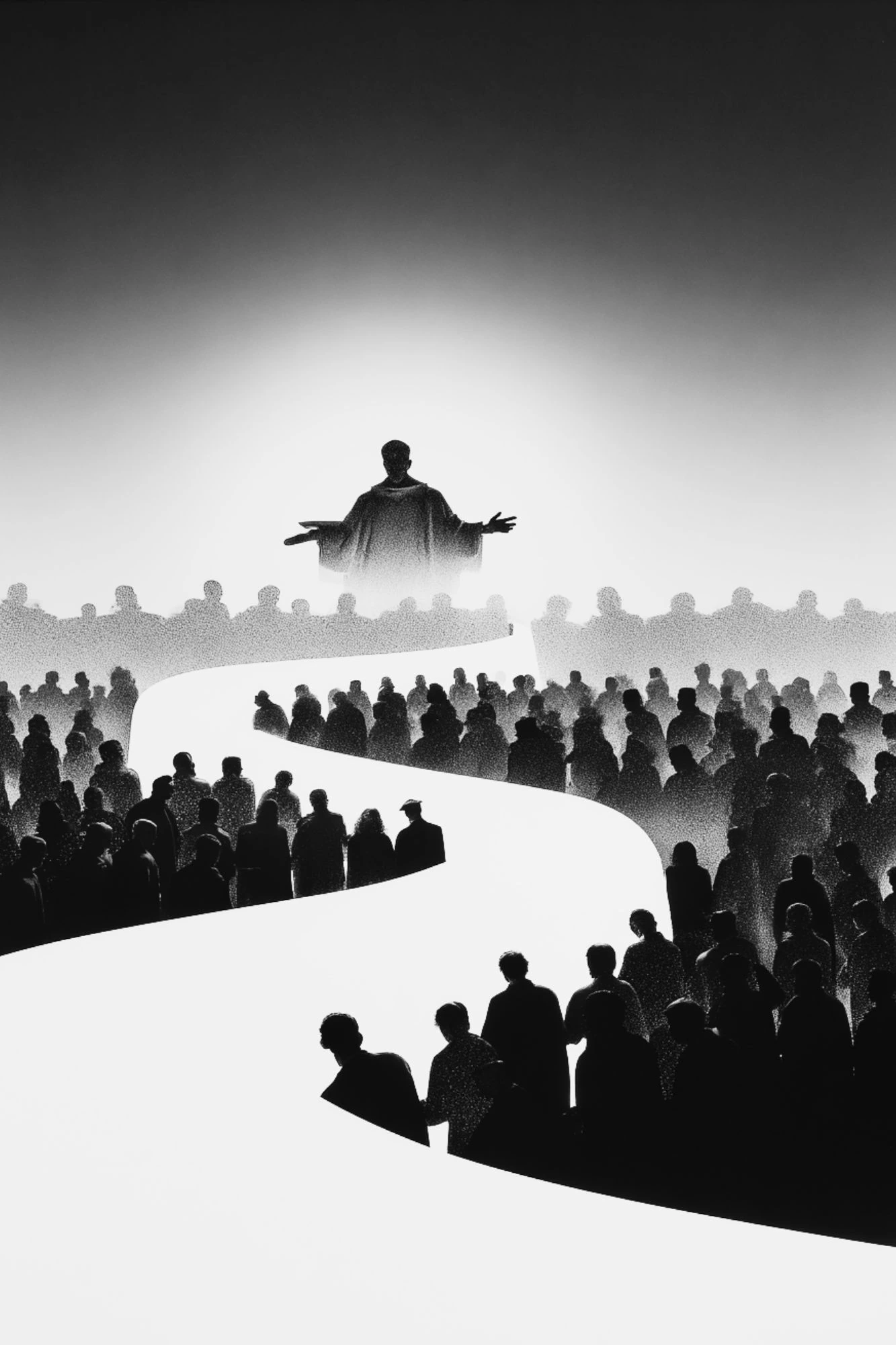The Bishop stands with arms outstretched above a crowd divided by a winding white path.