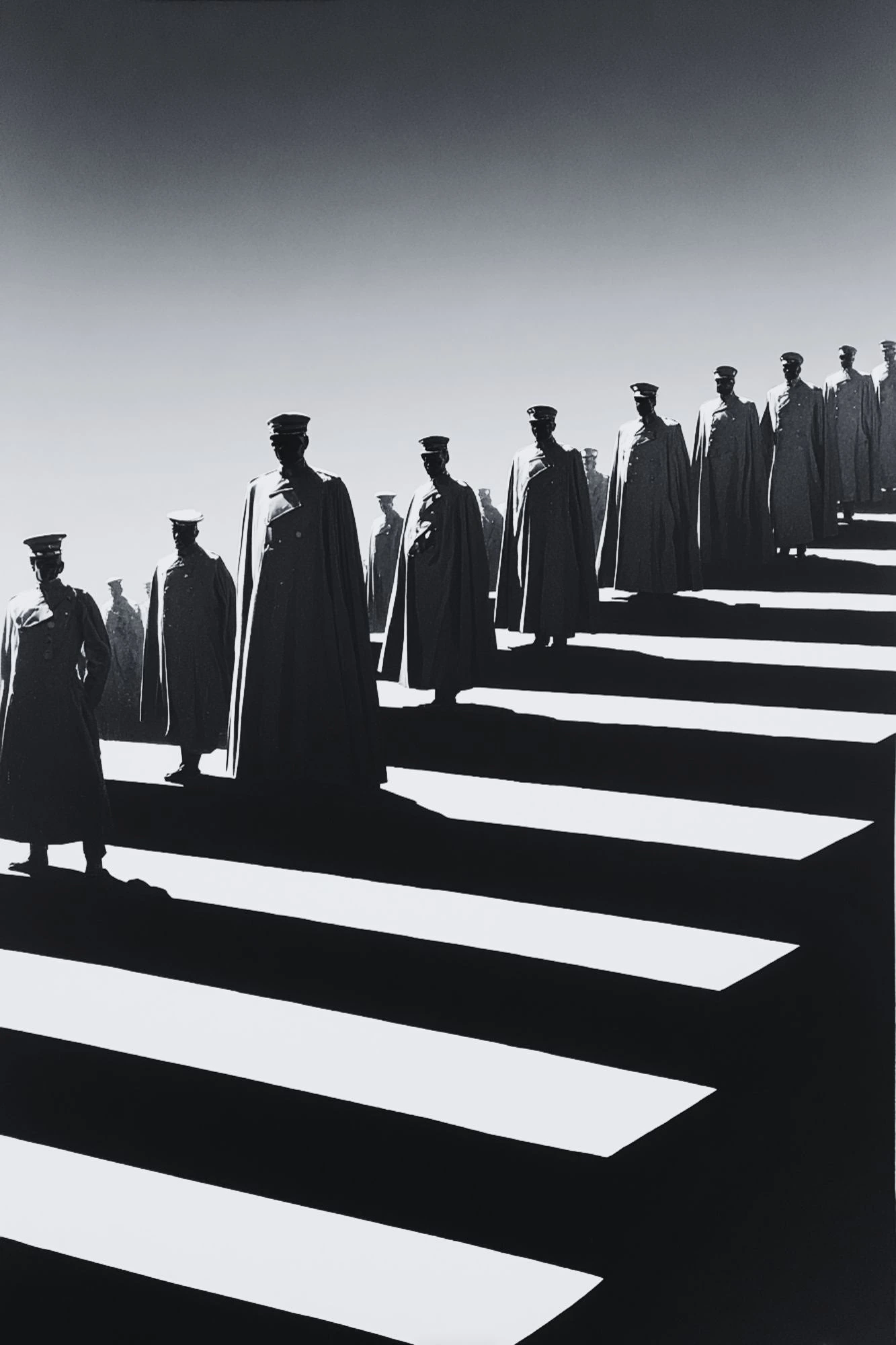 Uniformed mercenaries stand in a receding line on stark black-and-white steps.