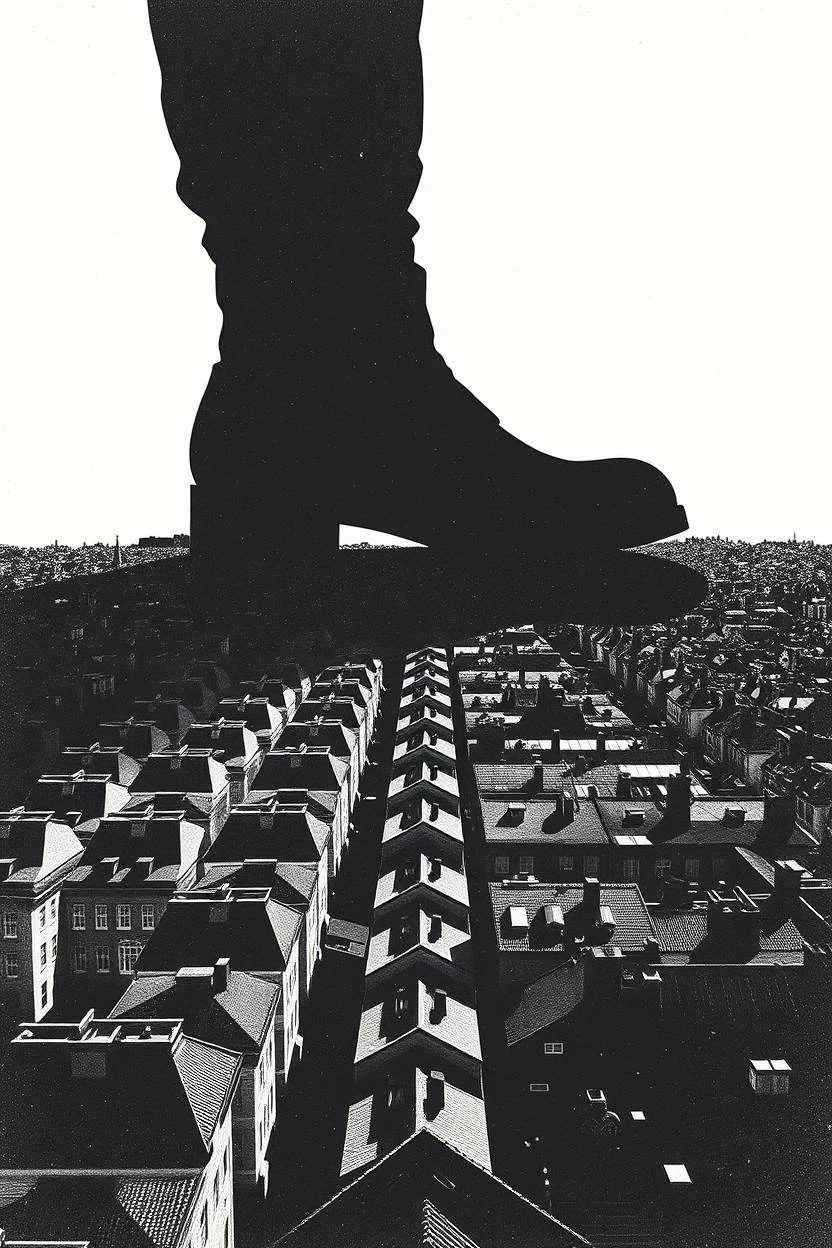 An enormous black boot looms above a city of tiny houses.