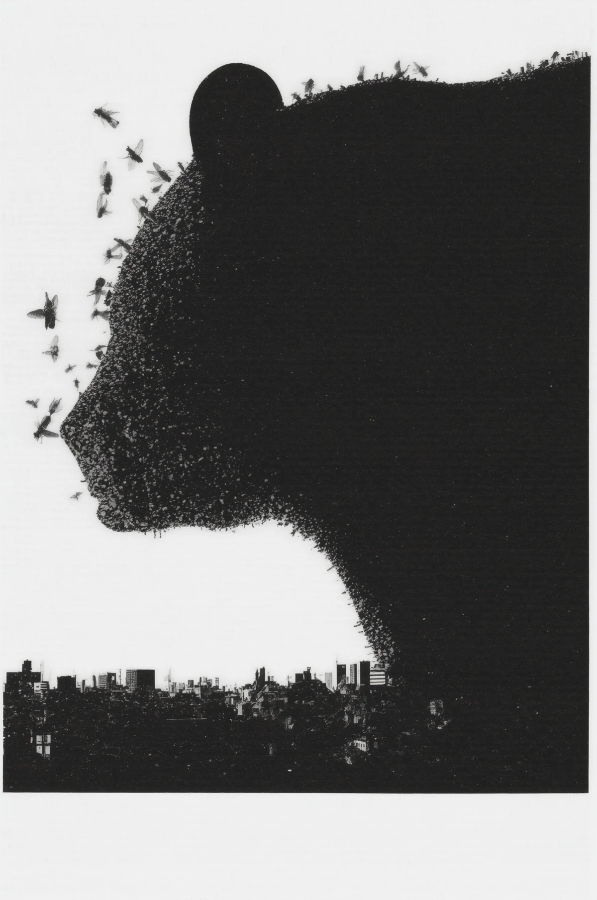 Black silhouette of a mouth over a city.