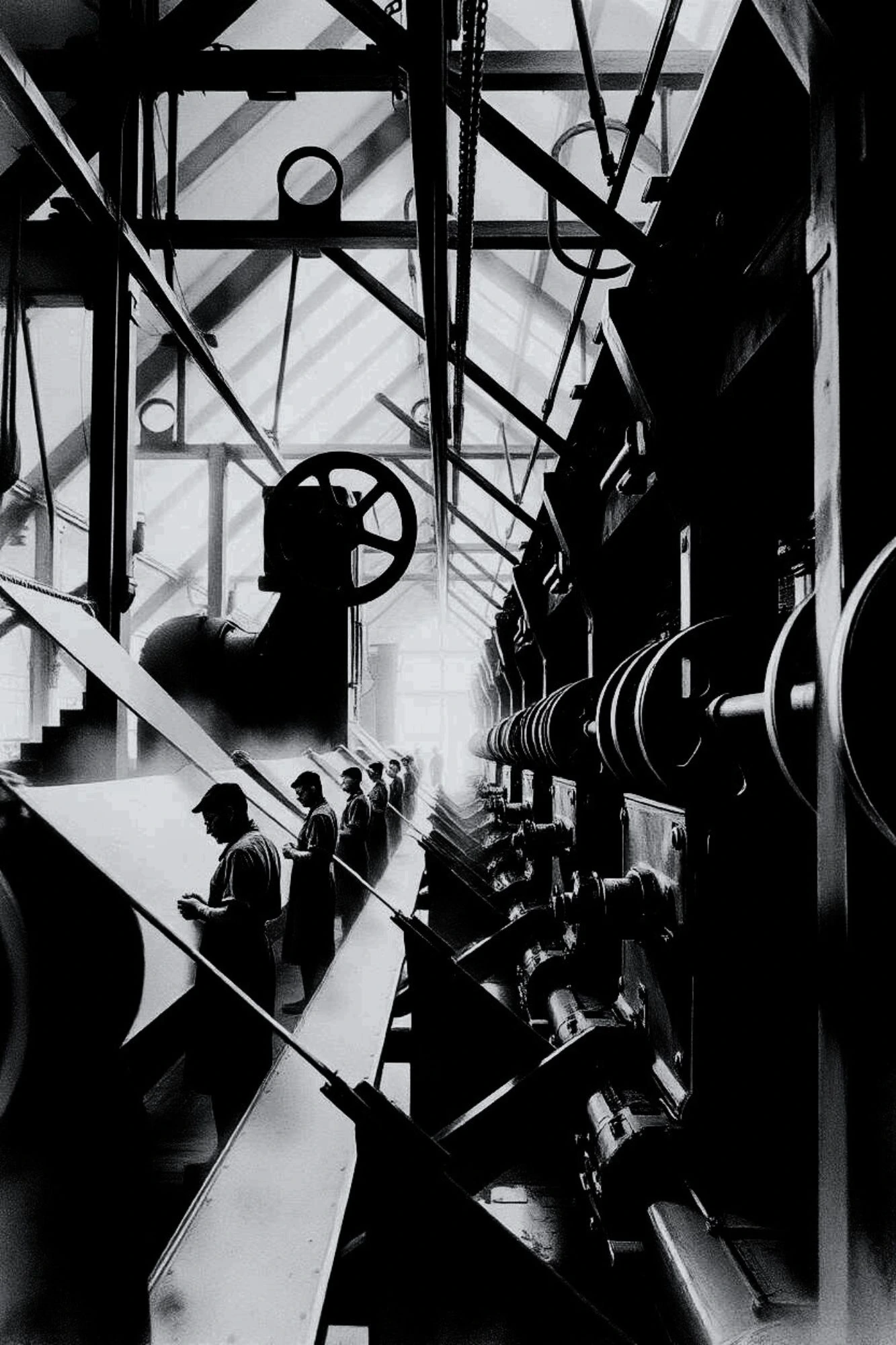 A line of factory workers dwarfed by immense drive belts, wheels and industrial machinery.